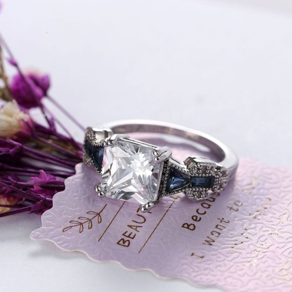 

trendy geometric square crystal stone ring for women fashion princess engagement party ring bridal wedding jewelry female, Slivery;golden