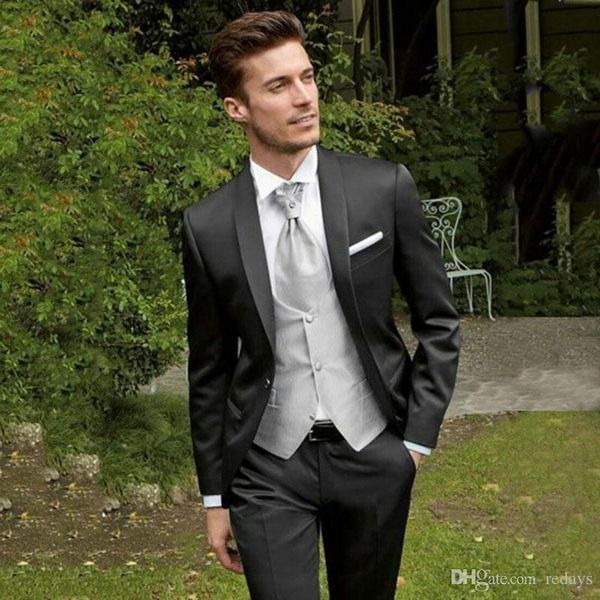 

casual groom tuxedo black suits for men wedding shawl lapel prom party terno masculino slim fit groomsmen attires 3piece(coat+pants+vest), Black;gray