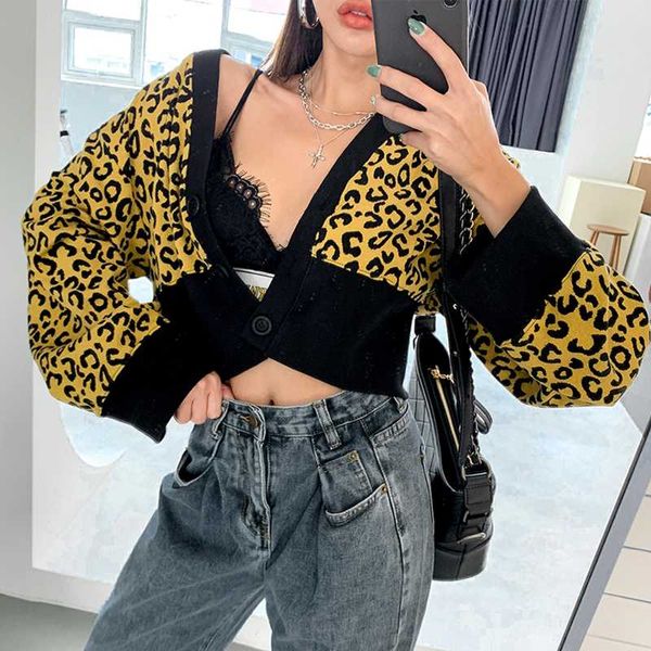 

new oversize women's sweaters autumn winter short vintage leopard print cardigans puff sleeve loose cardigan, White