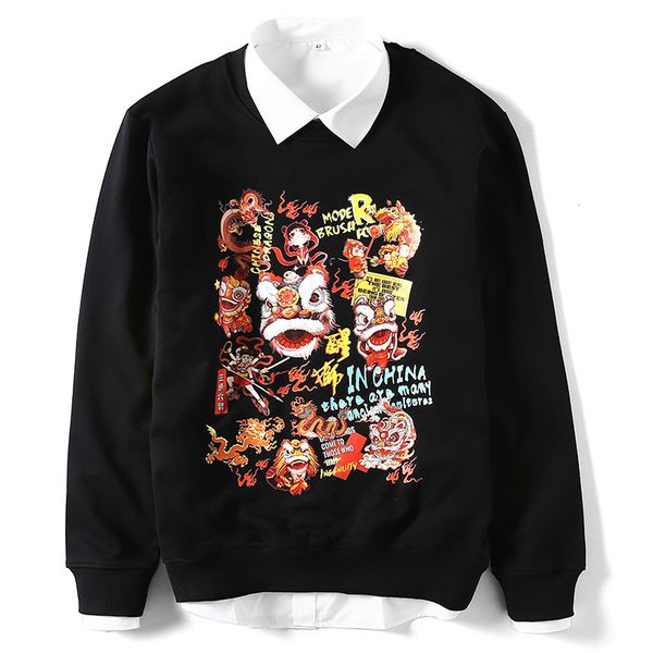 

100% cotton brand lion dance digital print hoodies sweatshirts round neck pullover plus size oversized hoodie men hip hop m-5xl, Black