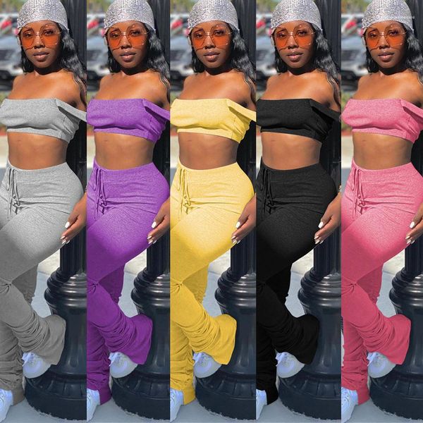 

off shoulder crop split stacked leggings pant club outfits matching sets two piece set women new summer clothes, White