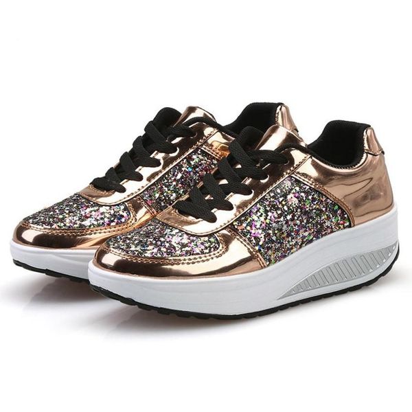 

women platform shoes wedge sneaker lace-up bling ladies shoes silver gold white sequins wedge sneaker zapatos mujer dropshipping, Black
