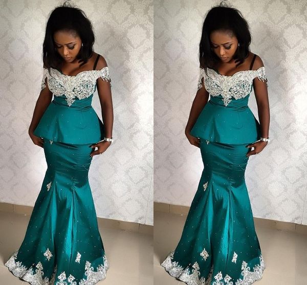 

fashion teal white lace aso ebi african prom dresses off the shoulder with sleeves long evening formal gowns pageant celebrity dress, Black