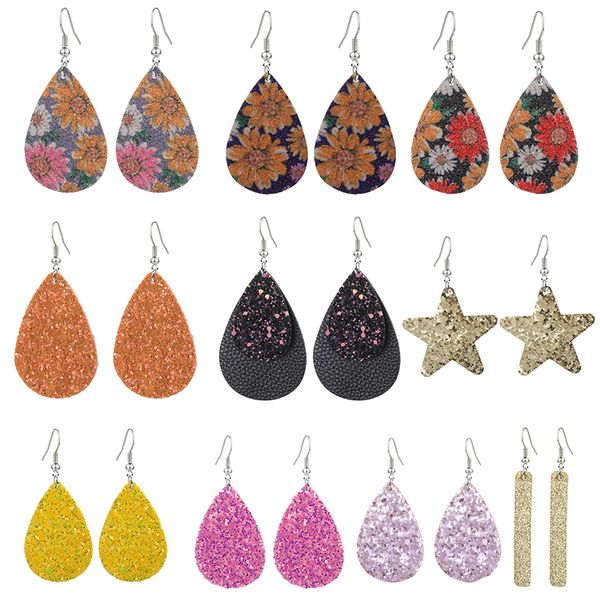

colorful sequin pu leather drop earrings bling teardrop star shape dangle & chandelier ear rings for ladies women designer jewelry, Silver