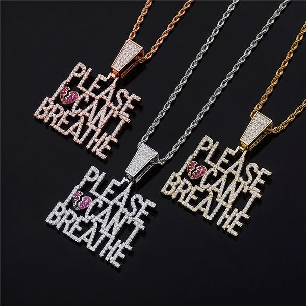 

new arrived iced out diamond letter please i can't breathe pendant necklace with stainless steel rope chain, Silver