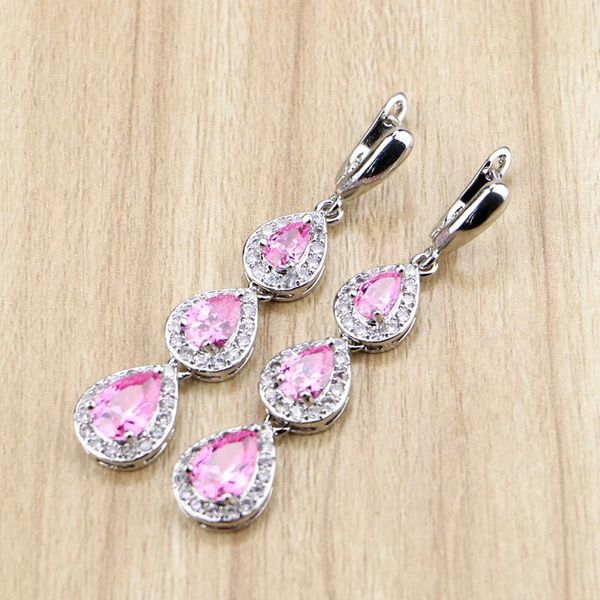 

water drop long earrings pink cubic zirconia white cz beads 925 silver jewelry drop dangle earring for women, Golden