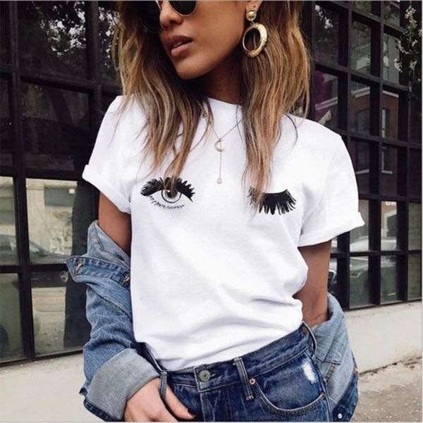 2019 sommer Harajuku Auge Lip Gedruckt Frauen T Shirt Grundlegende Kurzarm Oansatz Weiß Koreanischen Stil Frauen Top T Plus größe Kleidung