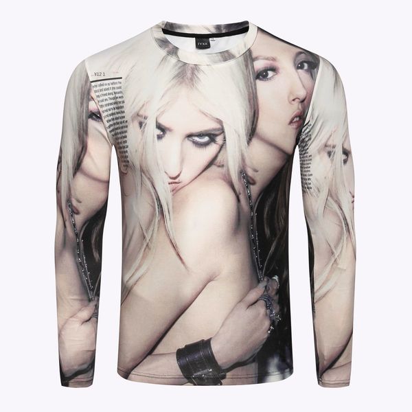 

mens designer wind 3d digital printing long sleeve t-shirt nightclub goddess round neck elastic sports clothes batch, White;black