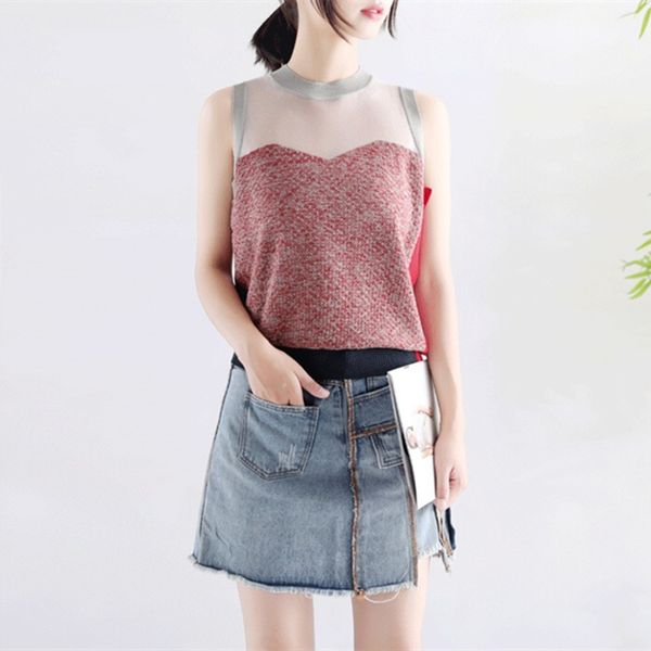 

tunjuefs color block patchwork mesh sweater women jumper sleeveless jersey luxury runway pullovers knitted lolita autumn, Black;white
