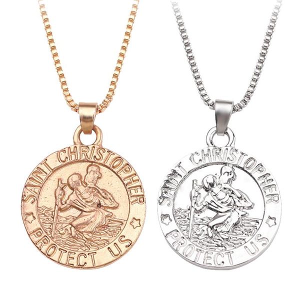 

jesus christ chain necklace st. chriser protect me necklaces round pendant gold color religious jewelry gifts for christians, Silver