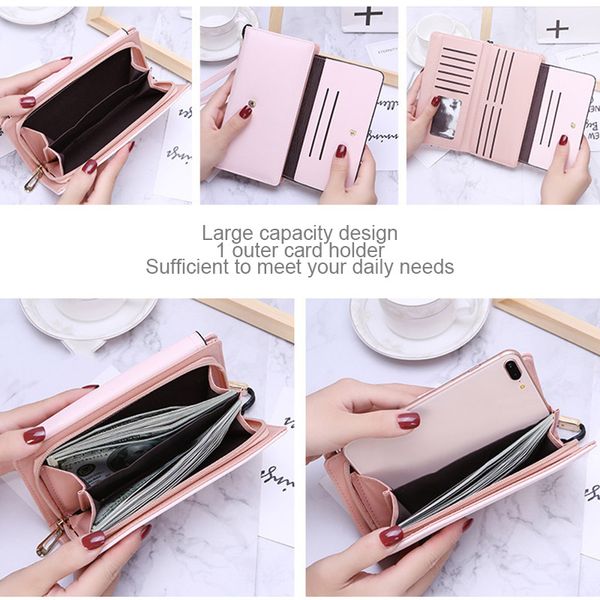 

women wallet solid color pu 3 folds zipper long purse with hand strap for shopping -opk, Red;black