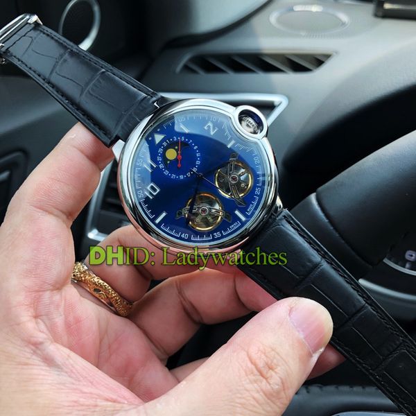 

designer watch blue balloon mens double flywheel automatic mechanical movement 316 stainless steel case 24 hours phase black leather strap, Slivery;brown