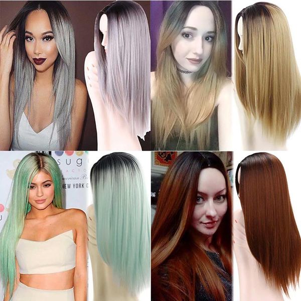 

human hair lace front wigs fashion wig female gradient colored wigs european and american mid-length straight hair wig, Black