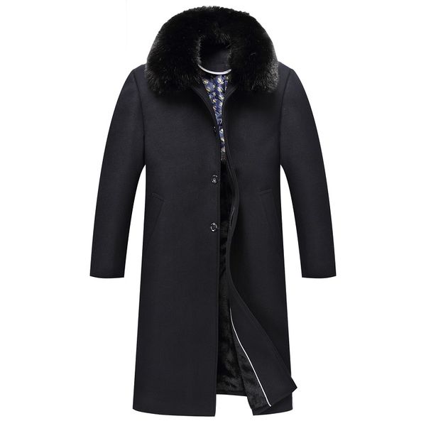 

winter wool coat long trench coats mens warm jackets fur collar outerwear overcoat windbreaker thickening plus size clothes 2019, Black