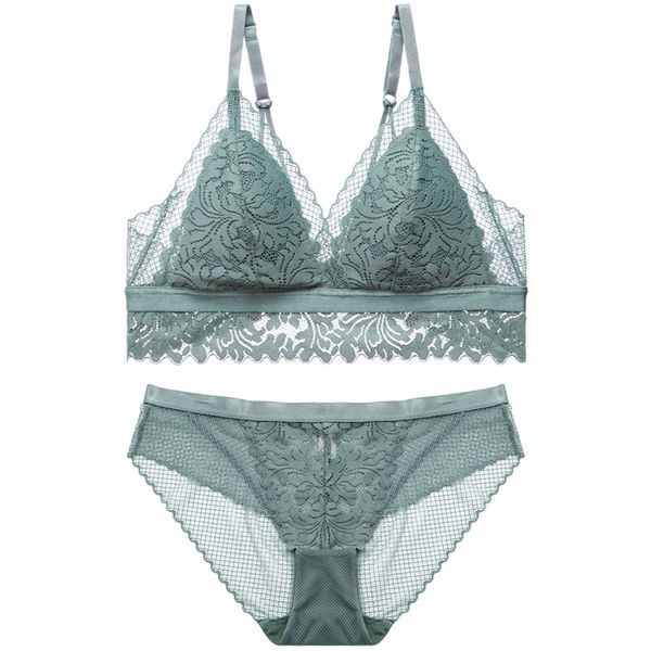 

2019 new french style women lingere lace bra wireless light padded fernpattern hollow out decorationgreen young girl, Red;black