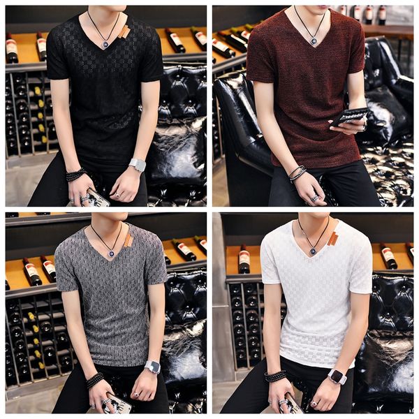

2018 new fashion men's summer v neck tee shirt slim fit short sleeve solid color casual t-shirt, White;black