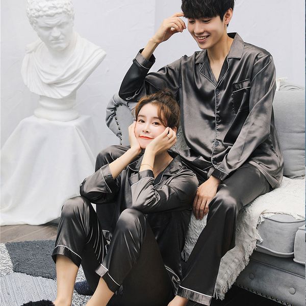 

autumn winter couple pajamas sets new cardigan long-sleeved men and women silk pajamas home leisure sleepwear suit sleep wear, Blue;gray