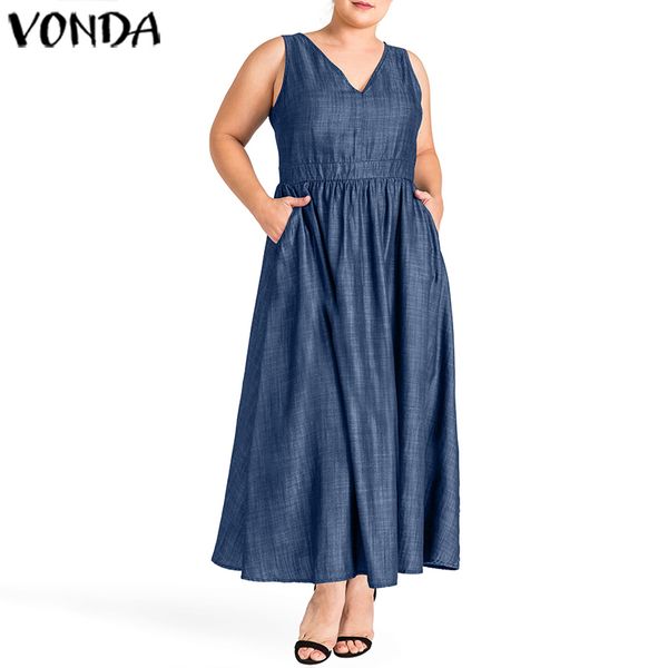 

demin sundress women sleeveless pleated long dresses casual solid holiday tank dress vonda 2020 summer vestidos plus size, Black;gray