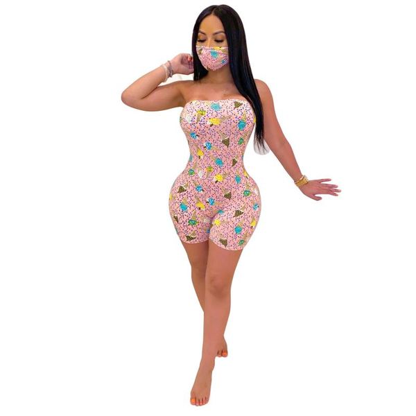 

women summer bodysuits with mask ice cream print rompers street night club party jumpsuits one piece outfits f910, Black;white