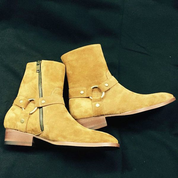 

designed suede man flats boots round toe slip-on men winter autumn short ankle boots fashion male shoes, Black