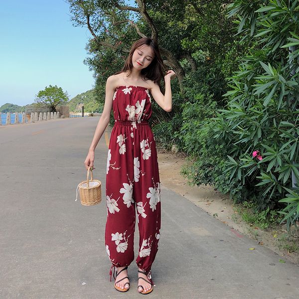 

summer bohemian new floral-print slash neck off-shoulder leg slit lace-up wide-leg playsuits women fashion streetwear 2020, Black;white