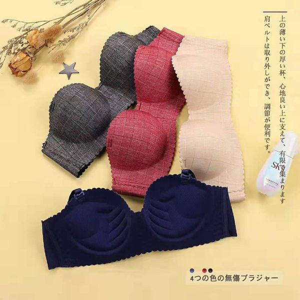 

japanese style simple small check seemless cup noodles non-steel ring paper bra small bust girl's push up underwear, Red;black