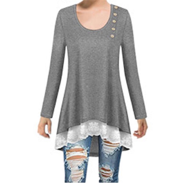 

fashion women long sleeve button dresses new 2018 ladies irregular casual lace patchwork short mini dress vestidos s-5xl, Black;gray