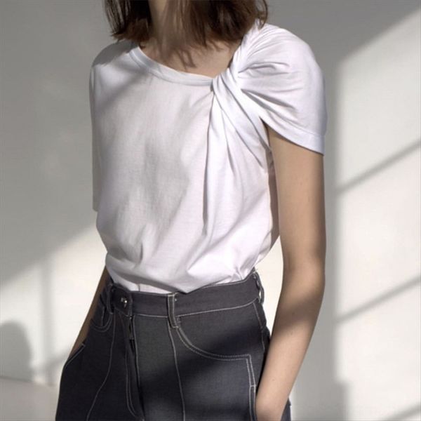 

2020 season niche design solid color t-shirt t-shirt women all-match round collar cotton kink asymmetric short sleeve top, White