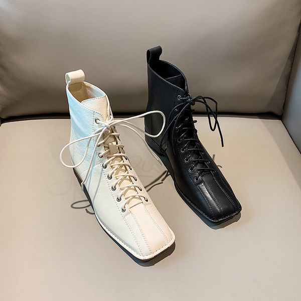 

2019 new fashion women boot genuine leather women winter fashion low (1cm-3cm) riding equestrian lace-up ankle square toe, Black