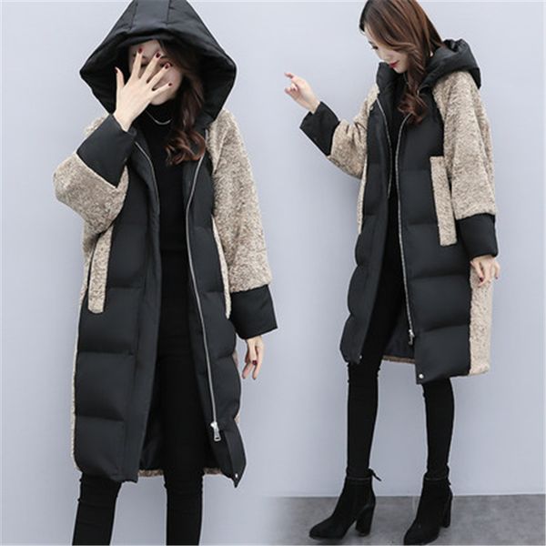 

mid-length cotton coat female 2019 winter fashion new loose hooded imitation lamb fur coat thick stitching cotton jacket tide, Black