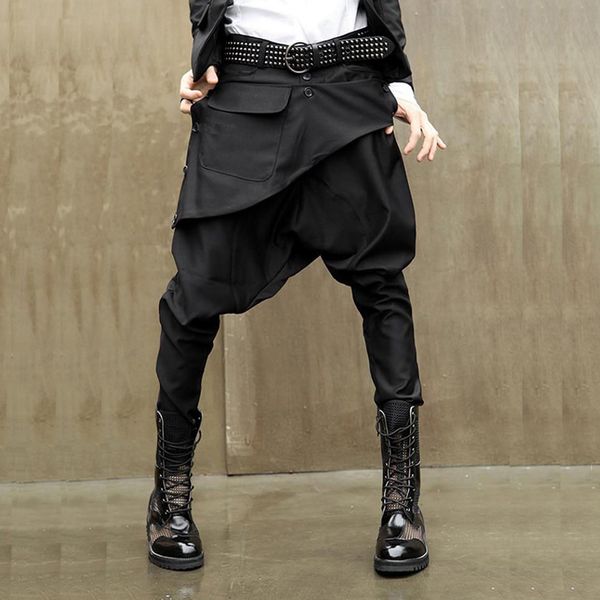 

autumn men gothic hip hop punk rock harem pants drop crotch baggy trousers mens nightclub dj singer stage joggers streetwear, Black