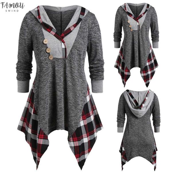 

vestidos ropa mujer winter dress women plus size hooded asymmetric tee buttoned plaid print long sleeve t shirt robe femme, Black;gray