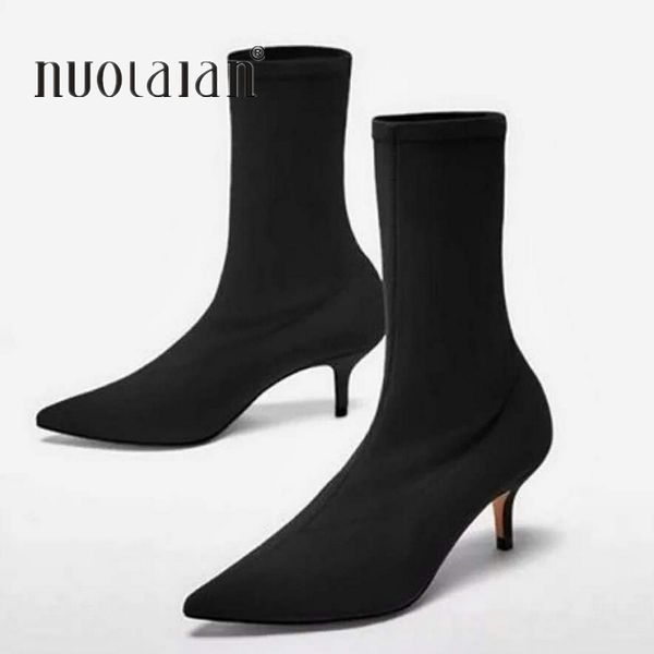 

2019 autumn women sock boots stretch fabric slip on 6cm high heels pointed toe ankle boots women pumps stiletto ladies shoes, Black