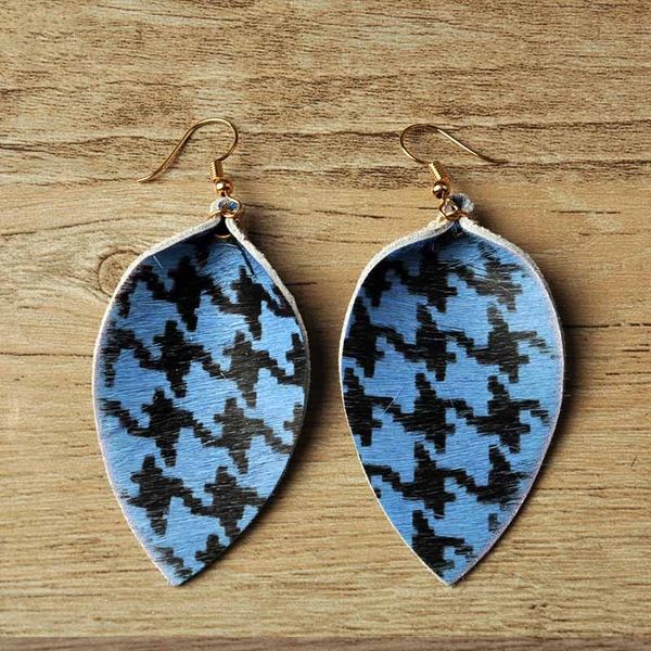 

cpop houndstooth pattern leaf натуральная кожа серьги для женщин яркое перо кожа высокое качество золото серебро печать поставок производите, Silver