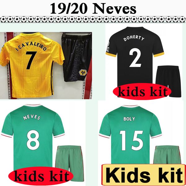 

19 20 boly neves kids kit soccer jerseys cavaleiro diogo j. child home away 3rd football shirts new wolves socks maillots de foot, Black