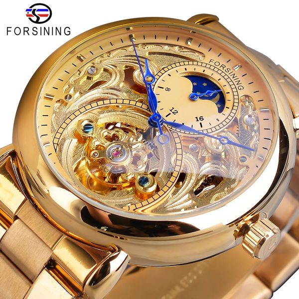 

forsining мужские часы golden moon phase автоматические механические часы часы из нержавеющей стали группа ретро наручные relojes hombre, Slivery;brown