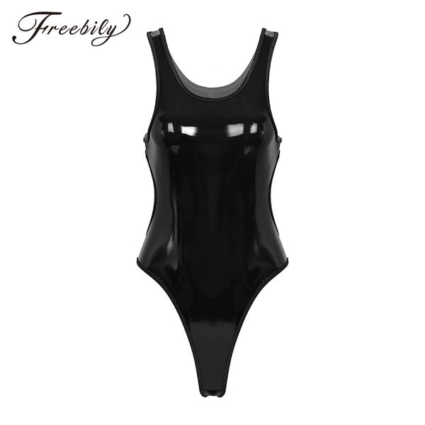 

women adults catsuit wetlook pu leather backless high cut tank thong leotard bodysuit for evening party costumes clubwear, Black;white