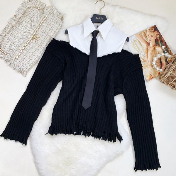 

2020 трикотажные шить сексуальные вне-плечо галстук свитер женщин, White;black