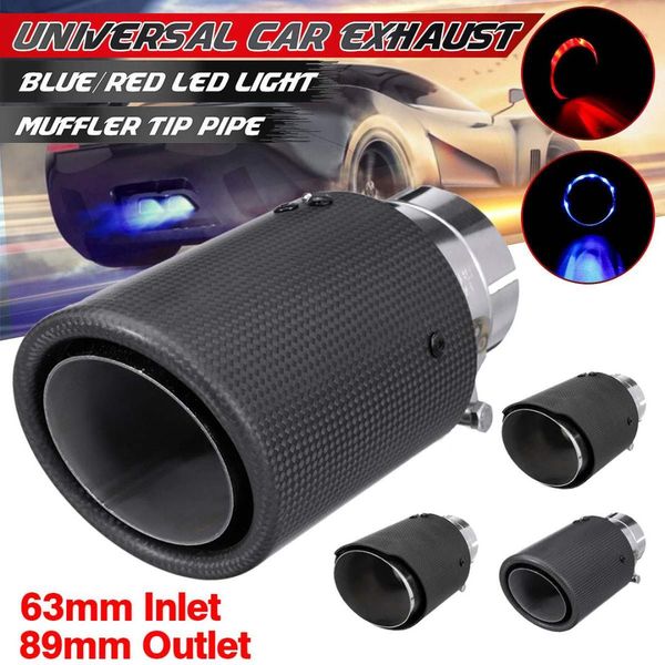 

universal stainless steel curly/straight matte carbon fiber car exhaust pipe tail muffler tip led light 63mm in-89mm out