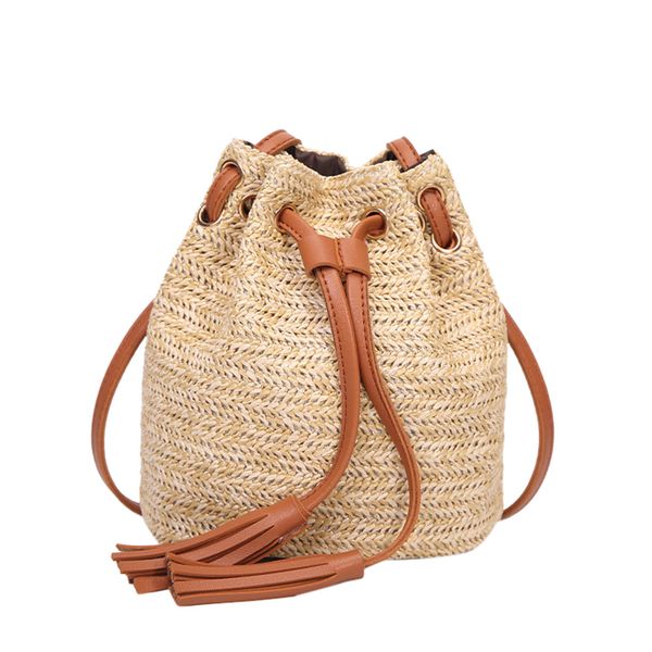 

women weaving shoulder bag fashion tassel drawstring bucket bag solid color high capacity weave tassels shoulder bucket bags