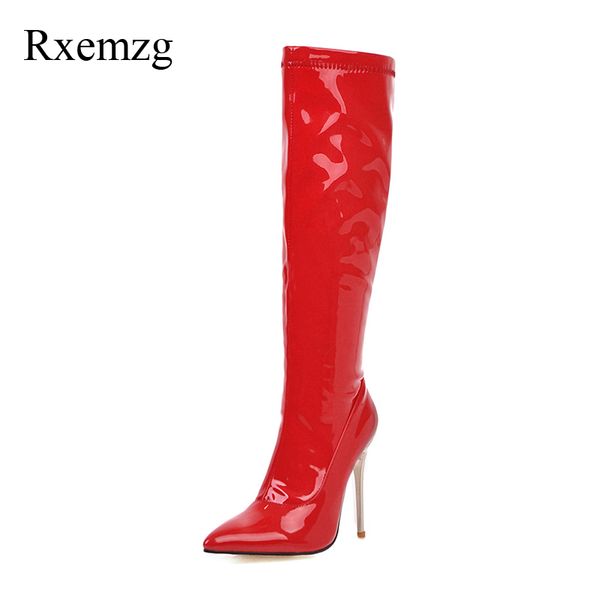 

rxemzg patent leather high heels shoes zipper knee high boots women fashion pointed toe boots ladies long winter shoes 48, Black