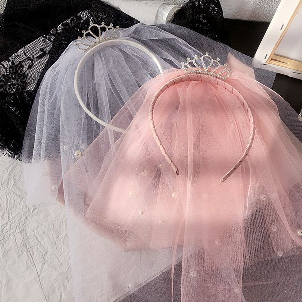 

pearl crown rhinestones headband korean children's princess veil spring and summer new headdress, Slivery;white