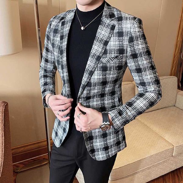 

fashion men blazer jacket 2020 new streetwear classic plaid blazer men jackets and coats slim fit all match tuxedo, White;black