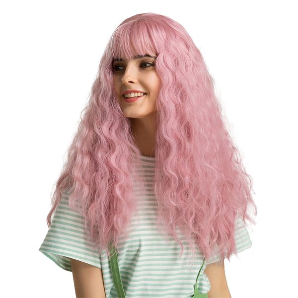 

22'' women wavy curly wigs heat resistant cosplay wig with neat bangs, Black