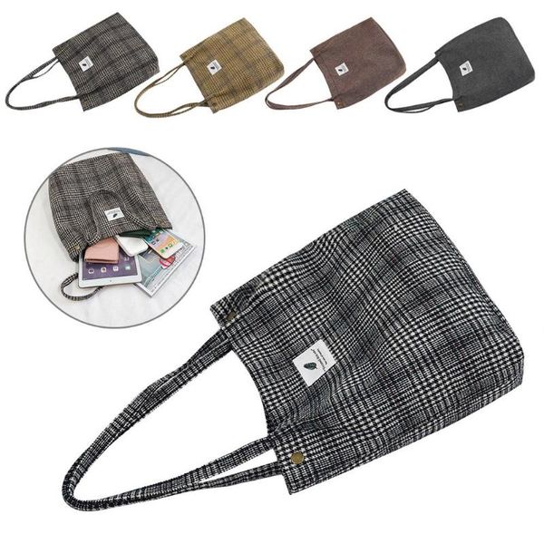 

women shopping totes girls plaid shoulder handbags woolen cloth handle bags foldable reusable tote bags