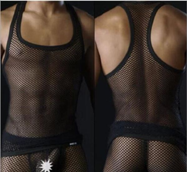 Canottiere sexy da uomo nere Intimo maschile Rete a rete per abbigliamento gay Abbigliamento uomo moda Canotte per uomo gilet senza maniche a rete
