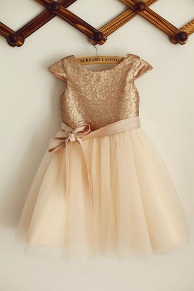 

champagne sequin tulle flower girl dress with cap sleeves, Red;yellow