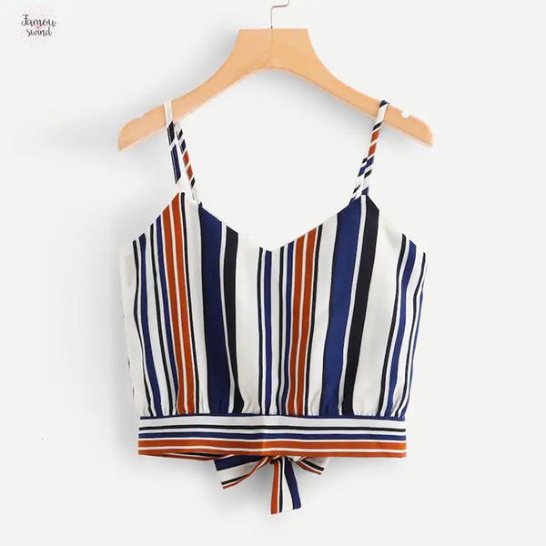 

дамы самообслуживания crop tank tops sexy женщин подвязать v шеи полиэстер полосатый обрезанные top бретели tank tops блуза regata, White