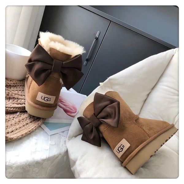 

australian snow boots winter new sheepskin all-in-one snow boots female middle tube bow waterproof non-slip flat warm women short boots, Black