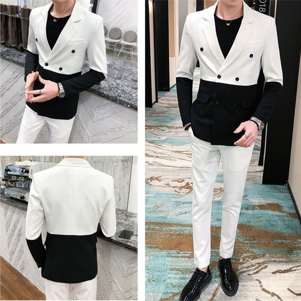 

formal men's suit black white splicing blazer suits bridegroom wedding dress evening party prom singer host stage costume suit, White;black